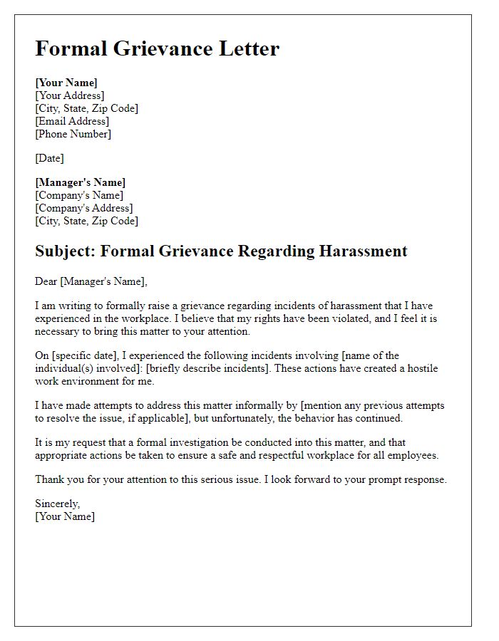 Letter template of a formal grievance for harassment allegations