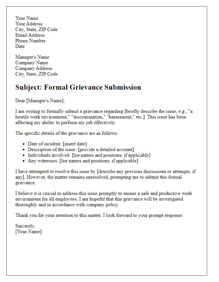 Letter template of a formal grievance submission for workplace issues