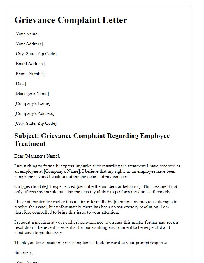 Letter template of a grievance complaint regarding employee treatment