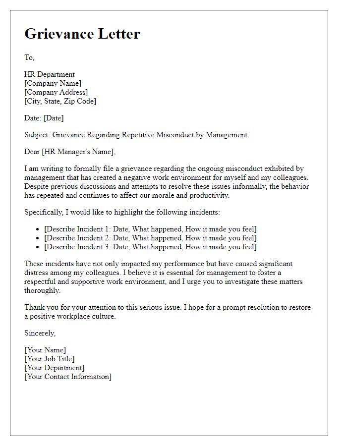 Letter template of a grievance for repetitive misconduct by management