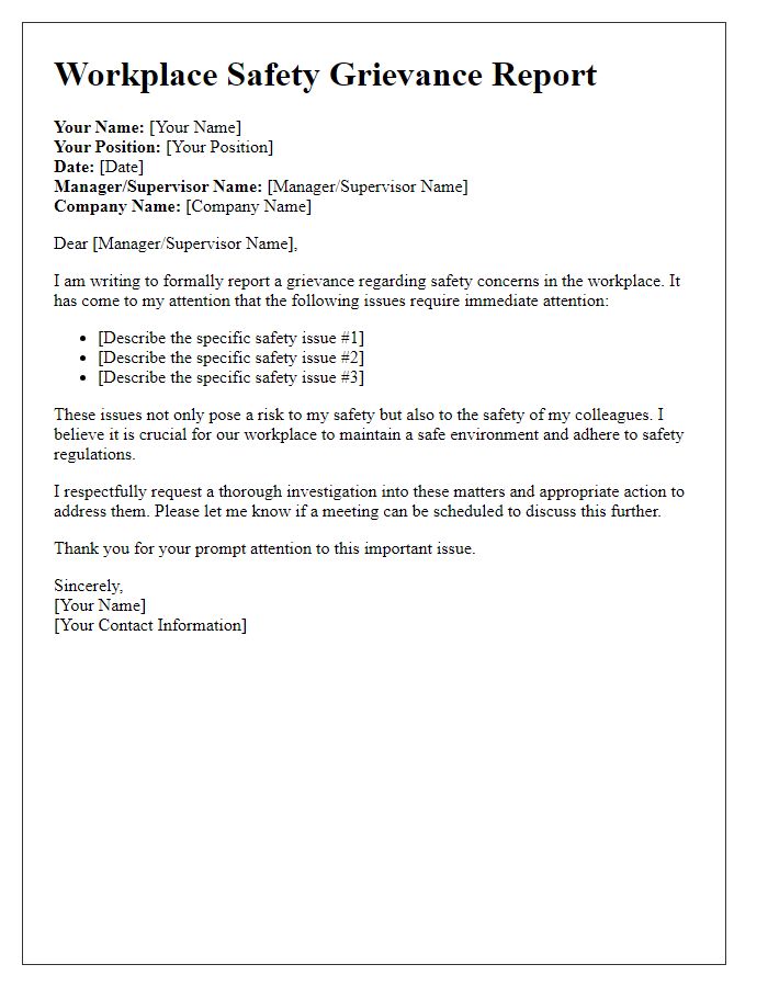 Letter template of reporting workplace safety grievances