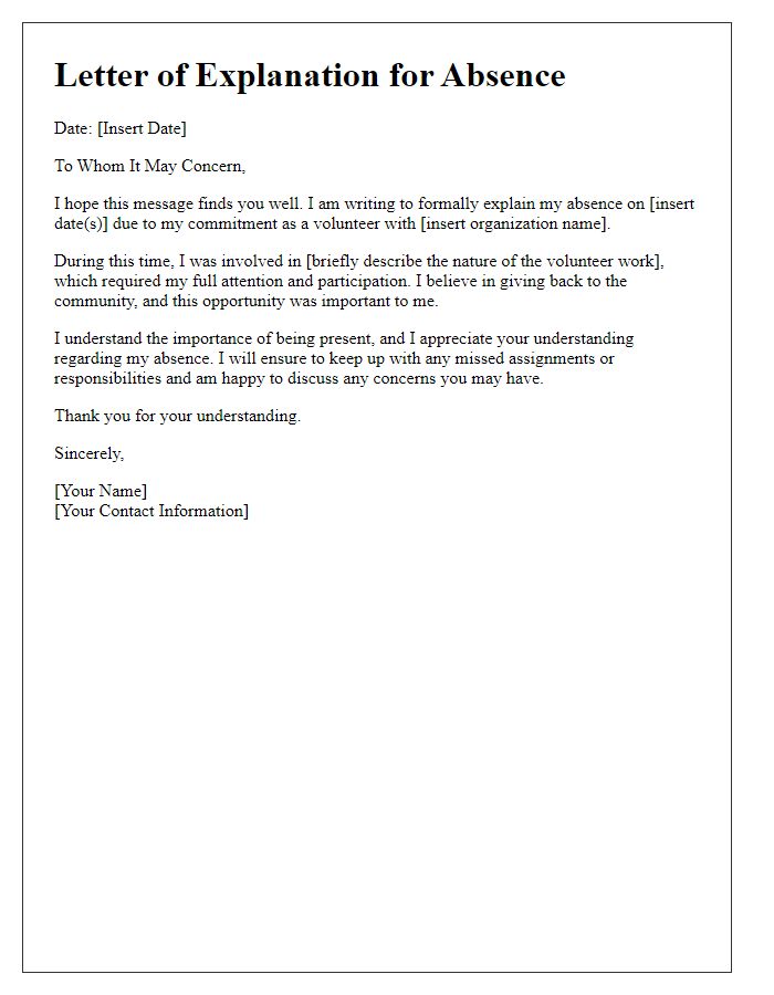 Letter template of explanation for absence due to volunteer commitments