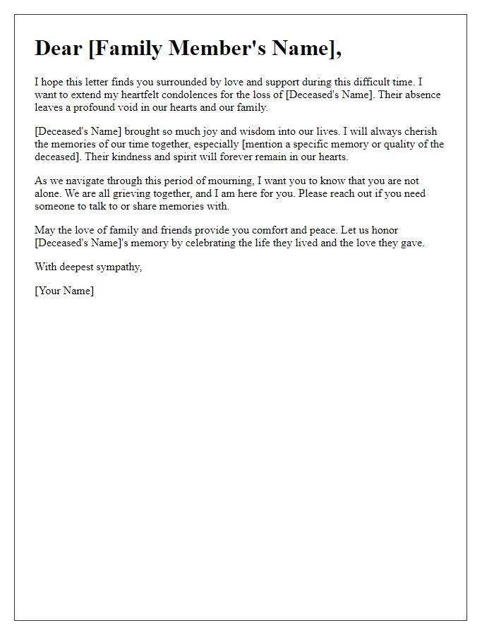 Letter template of mourning for extended family members.