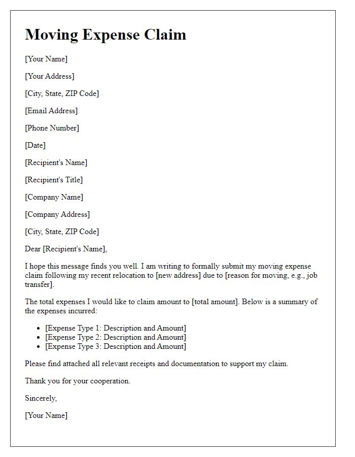 Letter template of moving expense claim