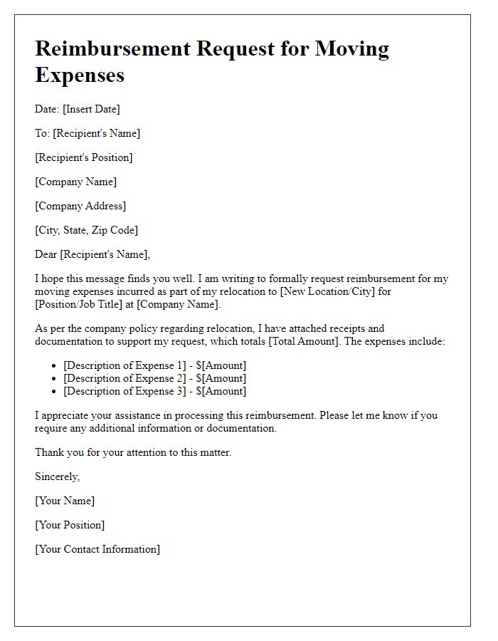 Letter template of reimbursement for moving expenses