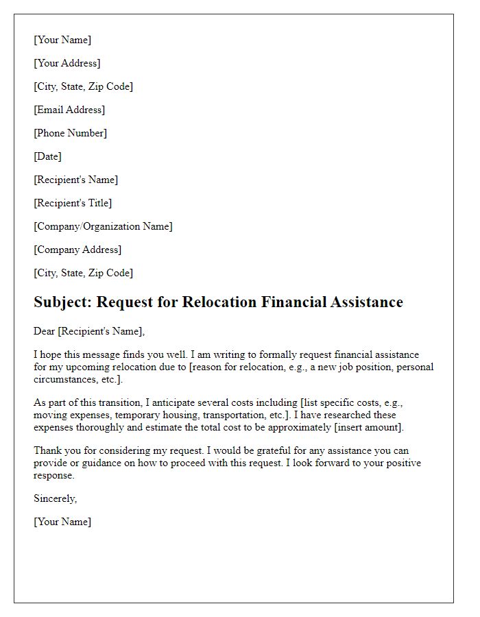 Letter template of relocation financial assistance request