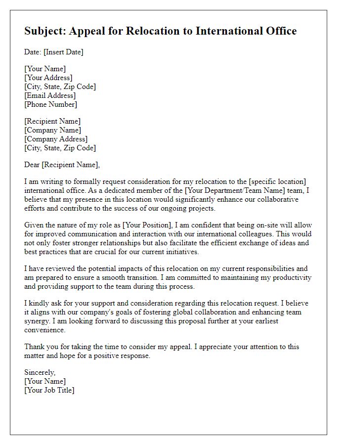 Letter template of appeal for relocation to an international office for team collaboration.