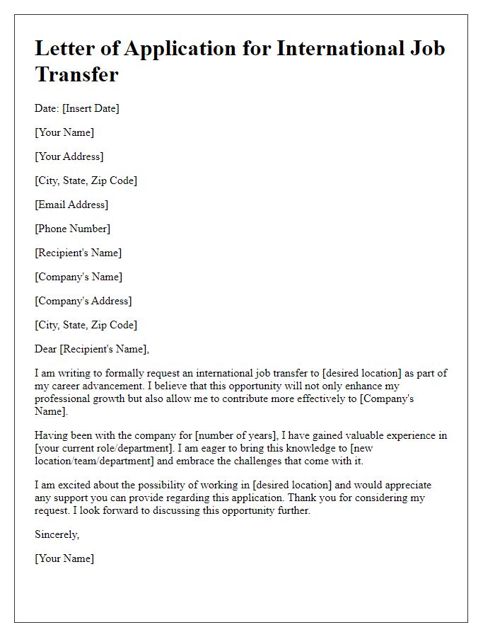 Letter template of application for international job transfer for career advancement.