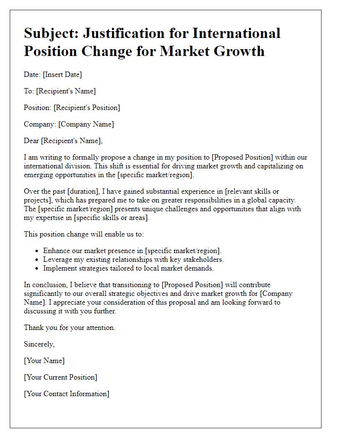 Letter template of justification for international position change for market growth.