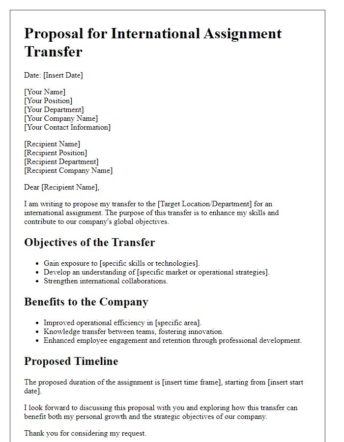 Letter template of proposal for international assignment transfer for skills development.