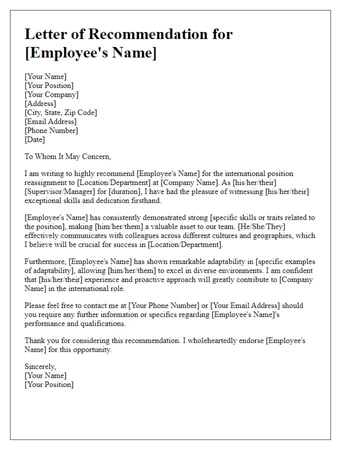 Letter template of recommendation for international position reassignment.