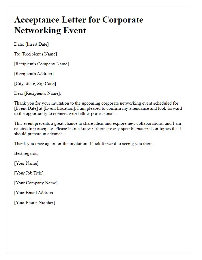 Letter template of acceptance for corporate networking event.