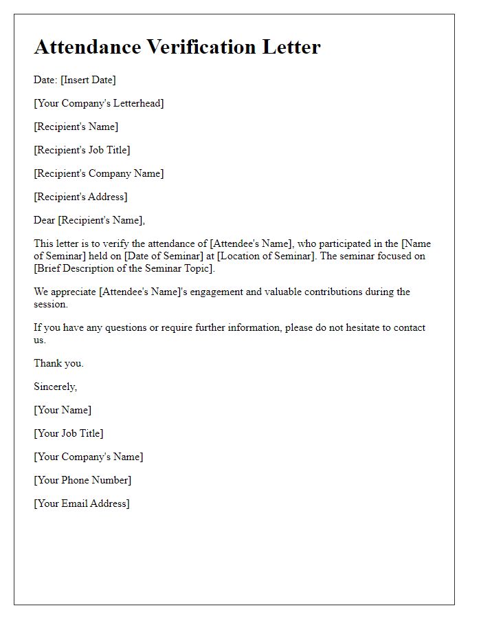 Letter template of attendance verification for business seminar.