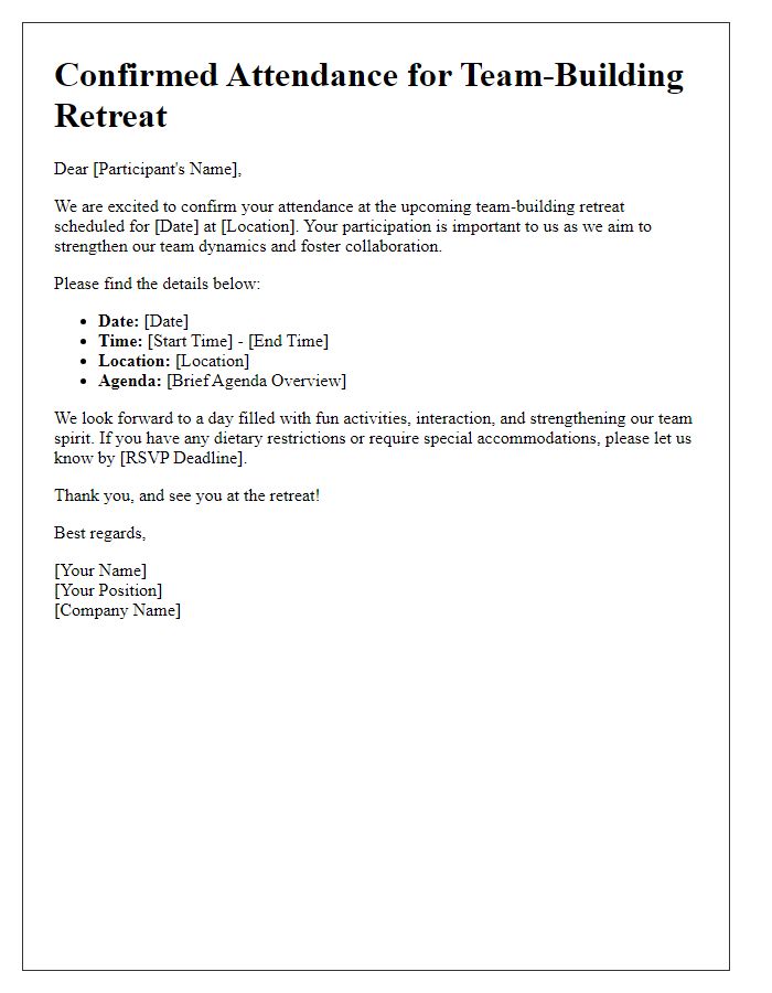 Letter template of confirmed attendance for team-building retreat.