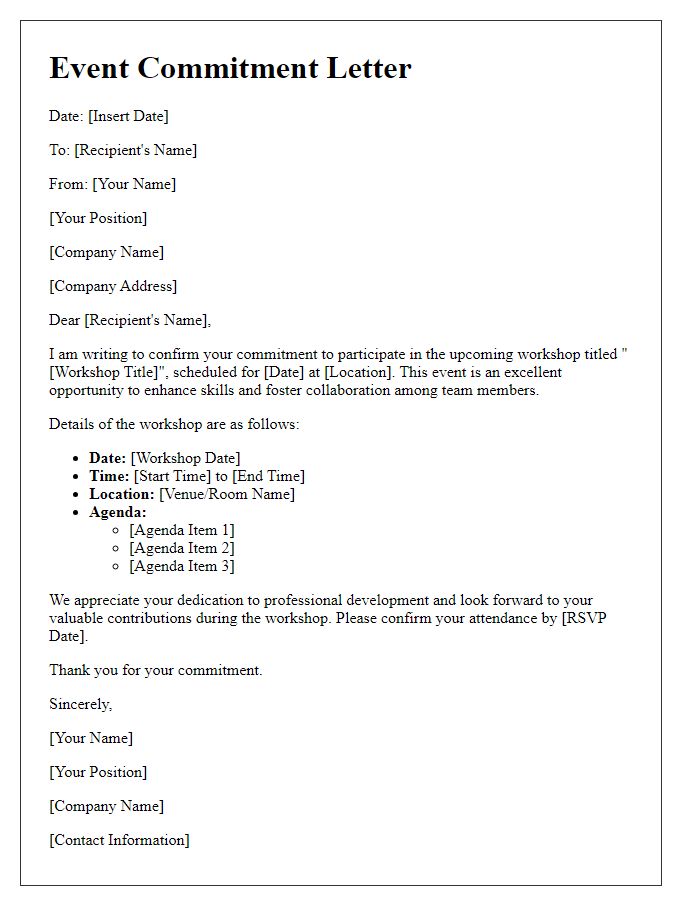 Letter template of event commitment for company workshop.