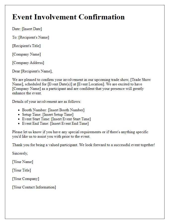 Letter template of event involvement confirmation for trade show.