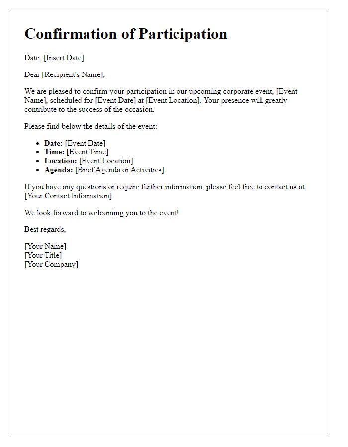 Letter template of participation confirmation for corporate event.