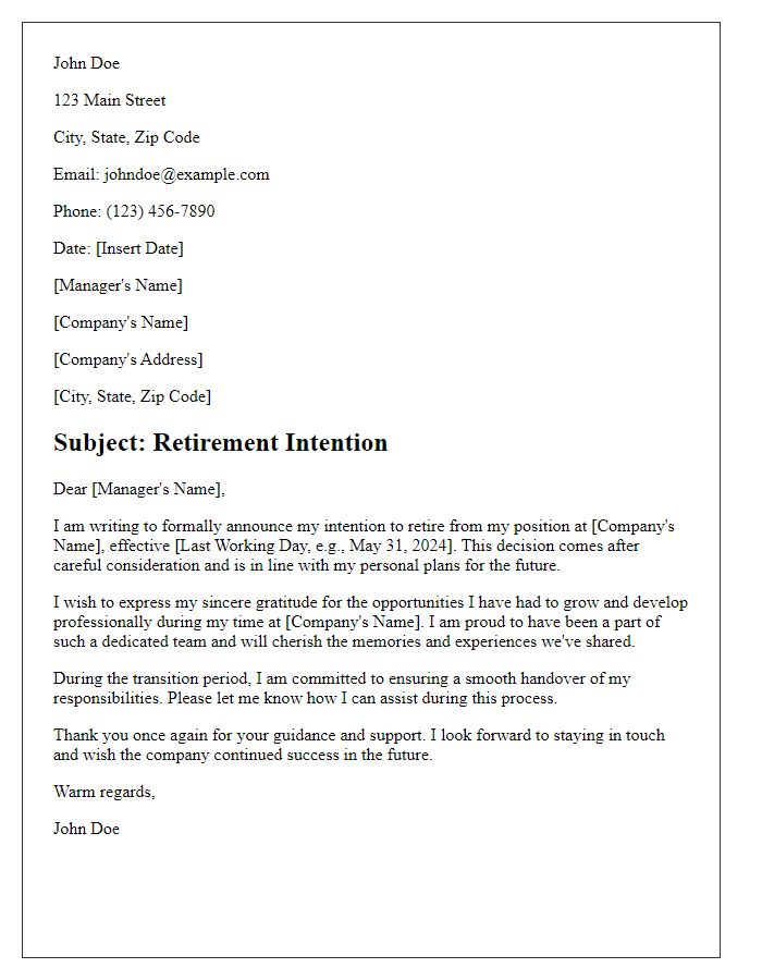 Letter template of formal retirement intention