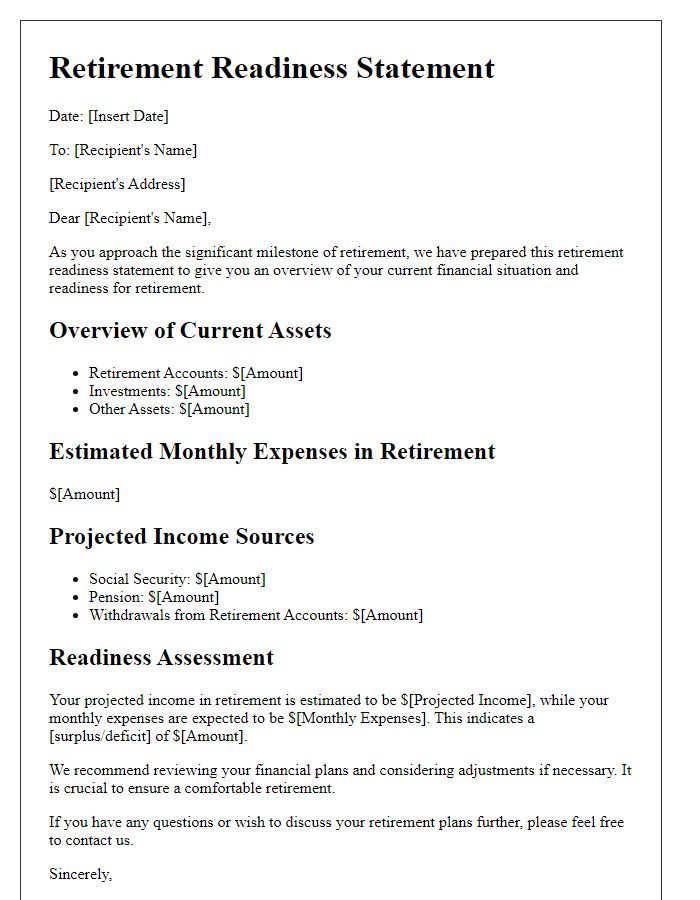 Letter template of retirement readiness statement