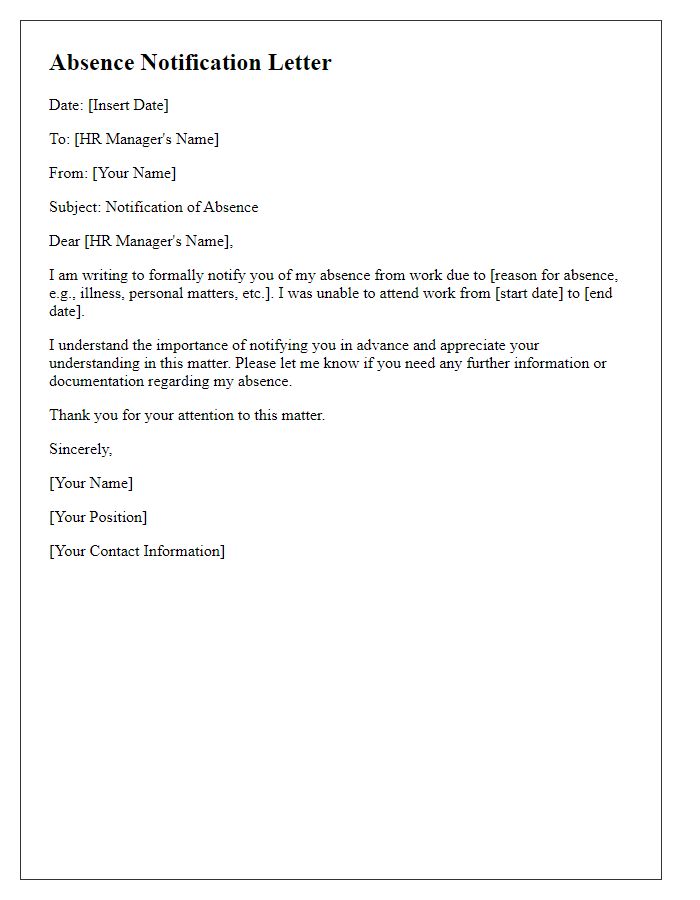 Letter template of absence notification for HR records.