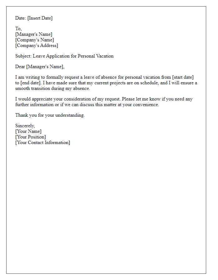 Letter template of leave application for personal vacation.