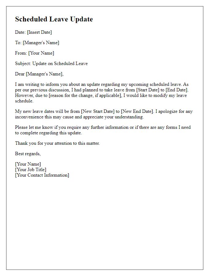 Letter template of scheduled leave update for management.