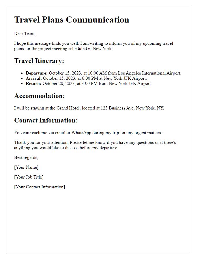 Letter template of travel plans communication to colleagues.