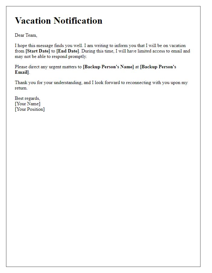 Letter template of vacation notification for team members.