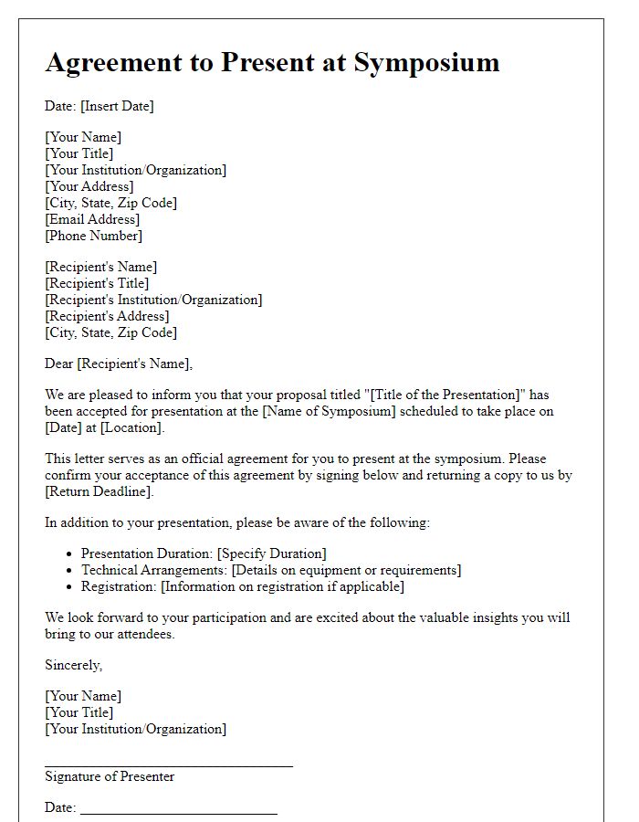 Letter template of Agreement to Present at Symposium