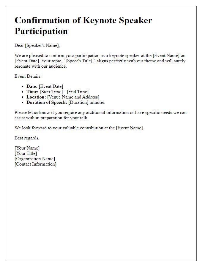 Letter template of Confirmation for Keynote Speaker Participation