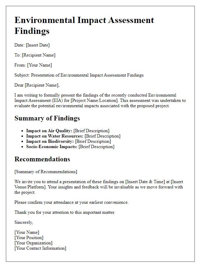 Letter template of environmental impact assessment findings presentation