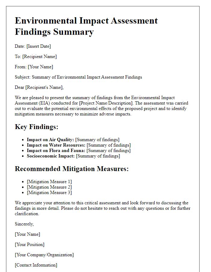 Letter template of environmental impact assessment findings summary