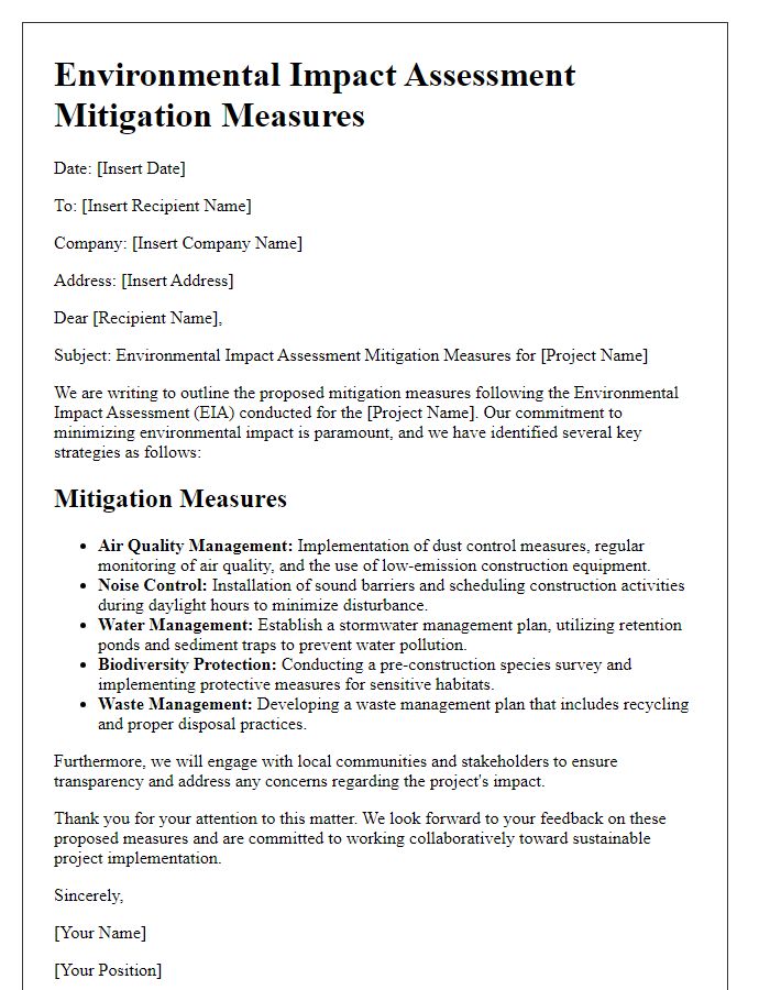 Letter template of environmental impact assessment mitigation measures