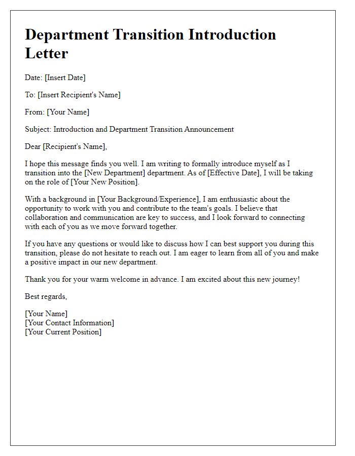 Letter template of introduction for departmental transitions.