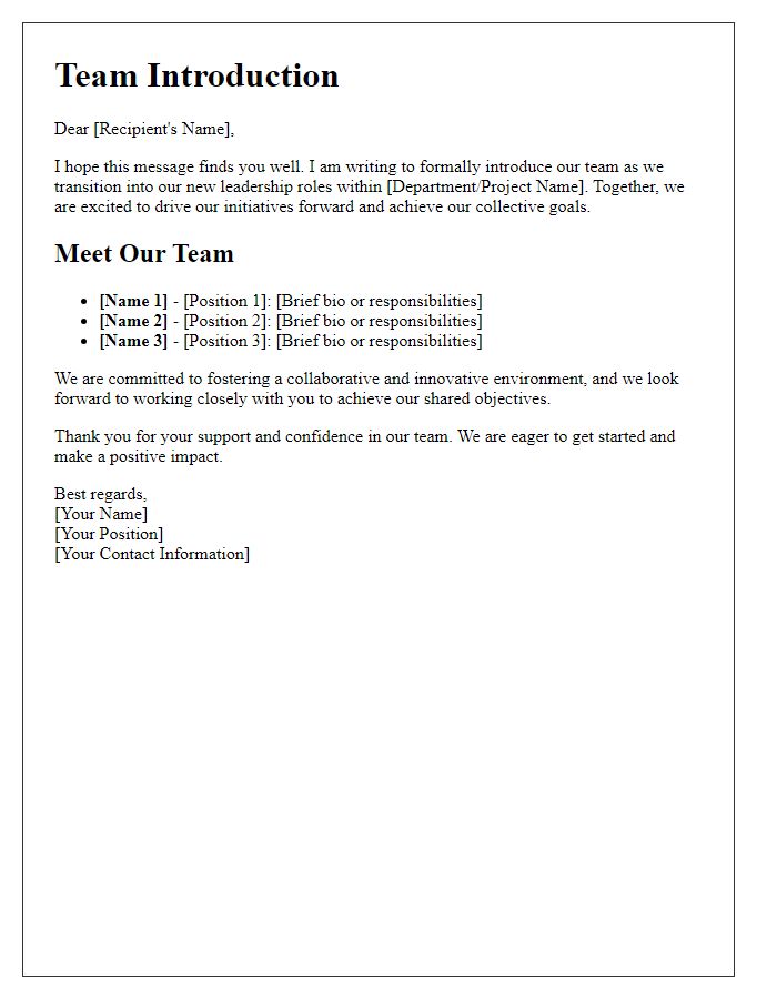 Letter template of team introduction for leadership roles.