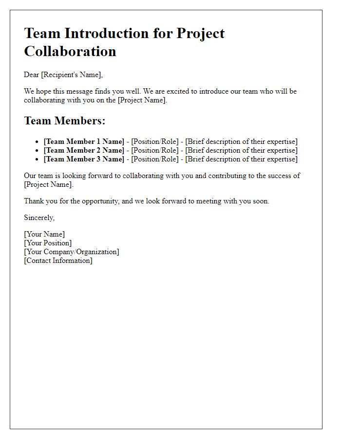 Letter template of team introduction for project collaboration.