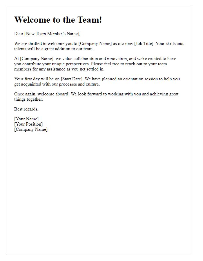 Letter template of welcoming a new team member.