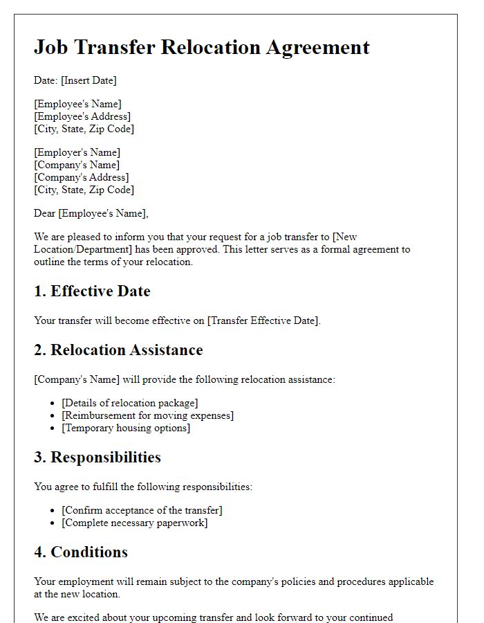 Letter template of job transfer relocation agreement