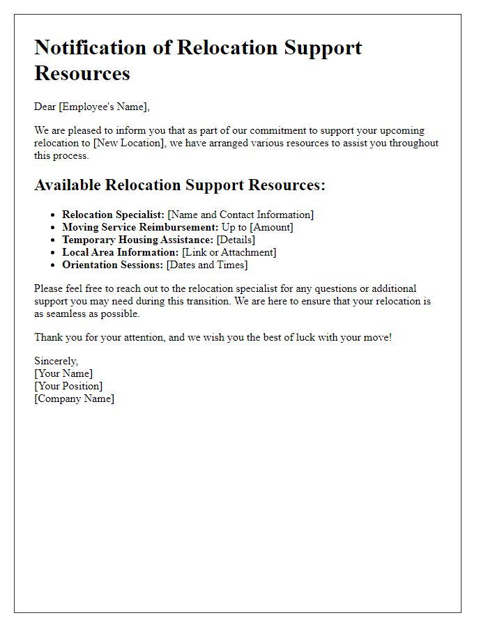 Letter template of notification regarding relocation support resources