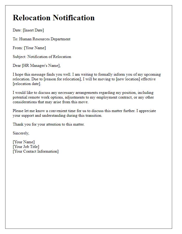 Letter template of relocation communication to HR department