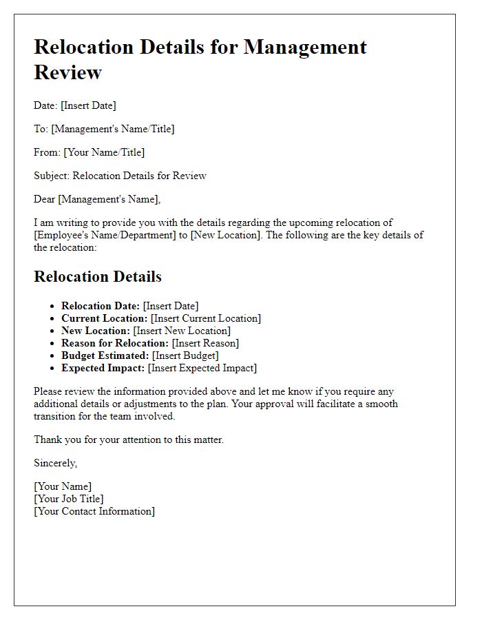 Letter template of relocation details for management review