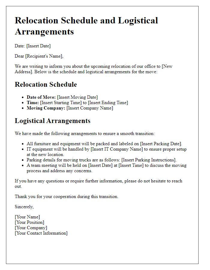 Letter template of relocation schedule and logistical arrangements