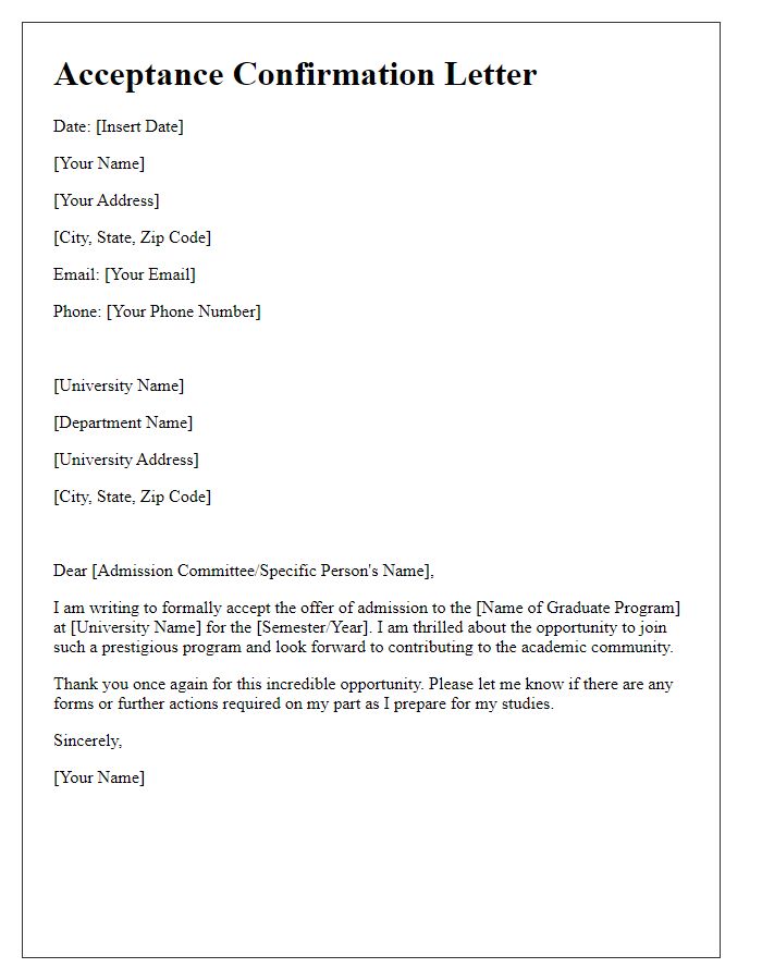 Letter template of acceptance confirmation for graduate program
