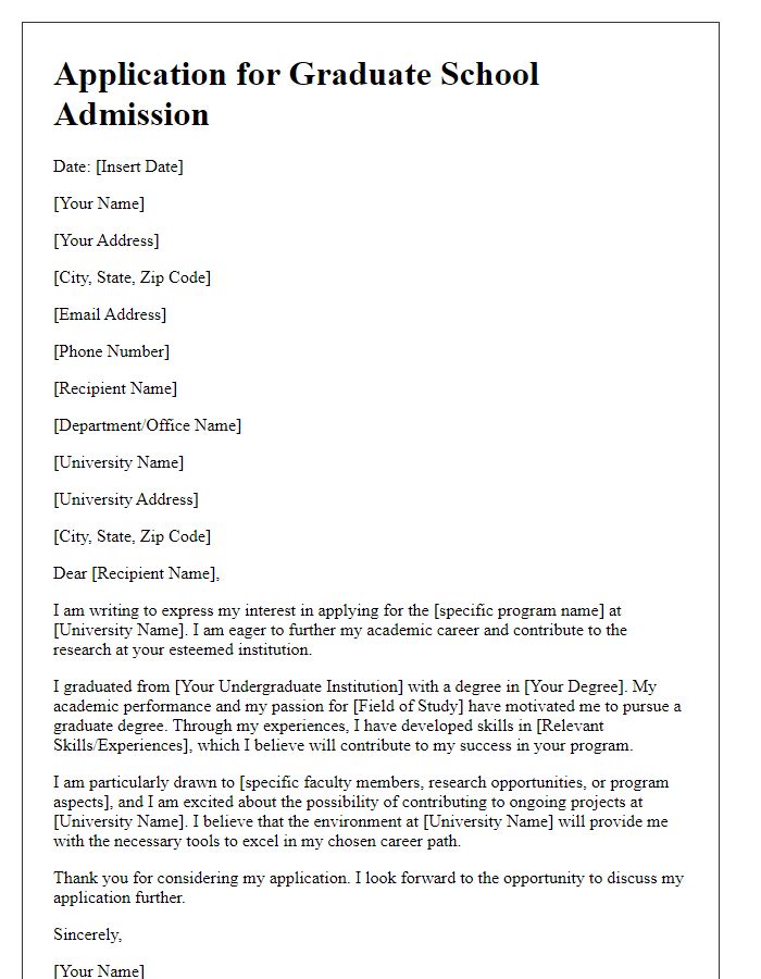 Letter template of application for graduate school admission