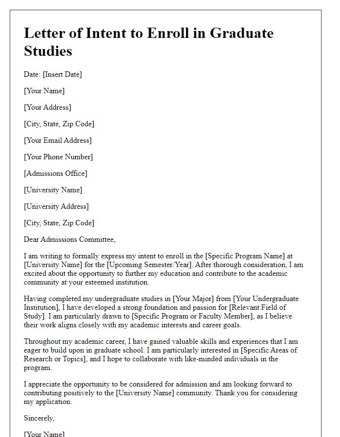 Letter template of intent to enroll in graduate studies