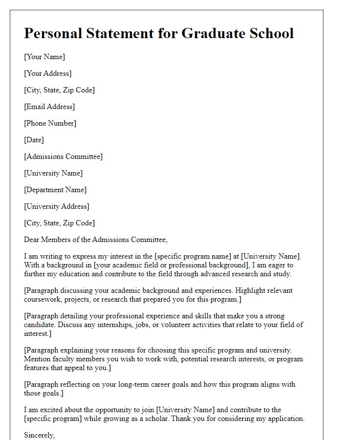 Letter template of personal statement for graduate school