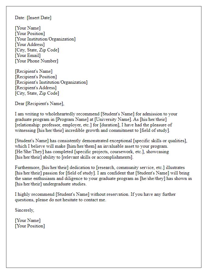 Letter template of professional recommendation for graduate studies