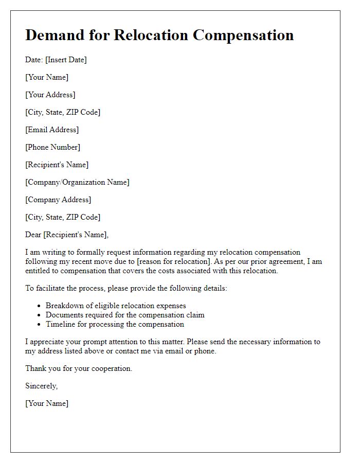 Letter template of demand for relocation compensation details.