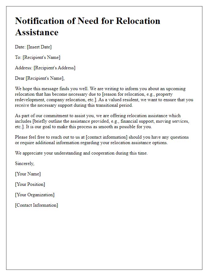 Letter template of notification for need of relocation assistance.