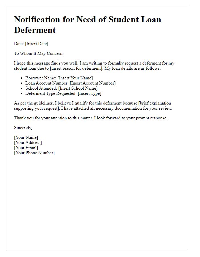 Letter template of notification for need of student loan deferment